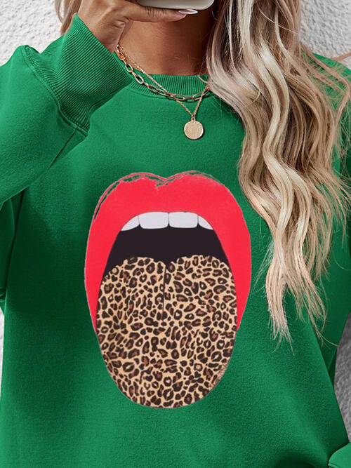 Leopard Lip Graphic Round Neck Sweatshirt