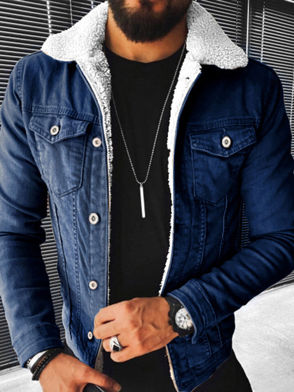 Plush Style Thickened Denim Men's Outer Jacket