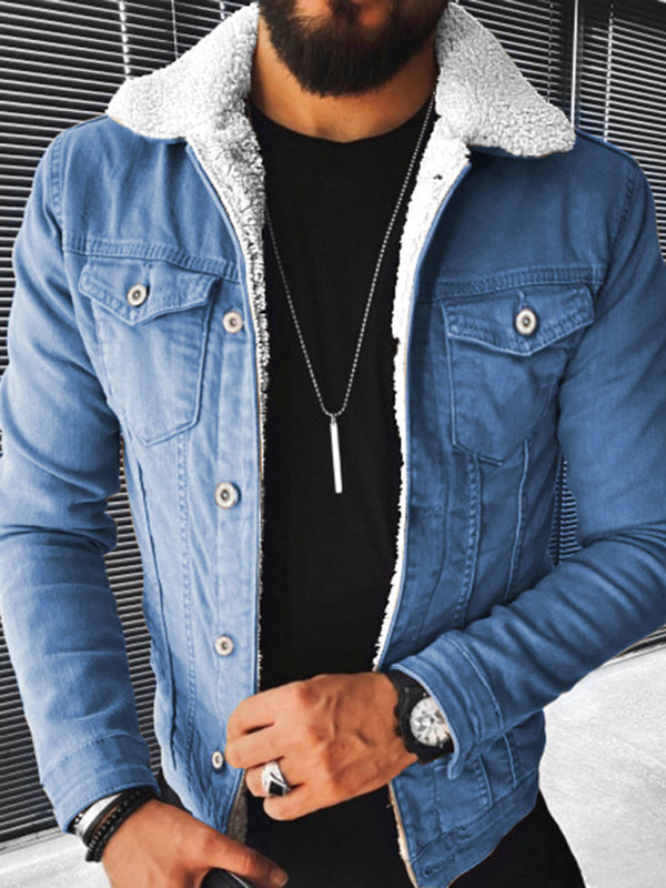 Plush Style Thickened Denim Men's Outer Jacket