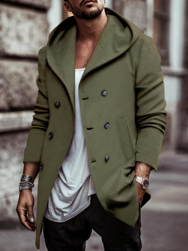 Men's  hooded double-breasted casual trench coat