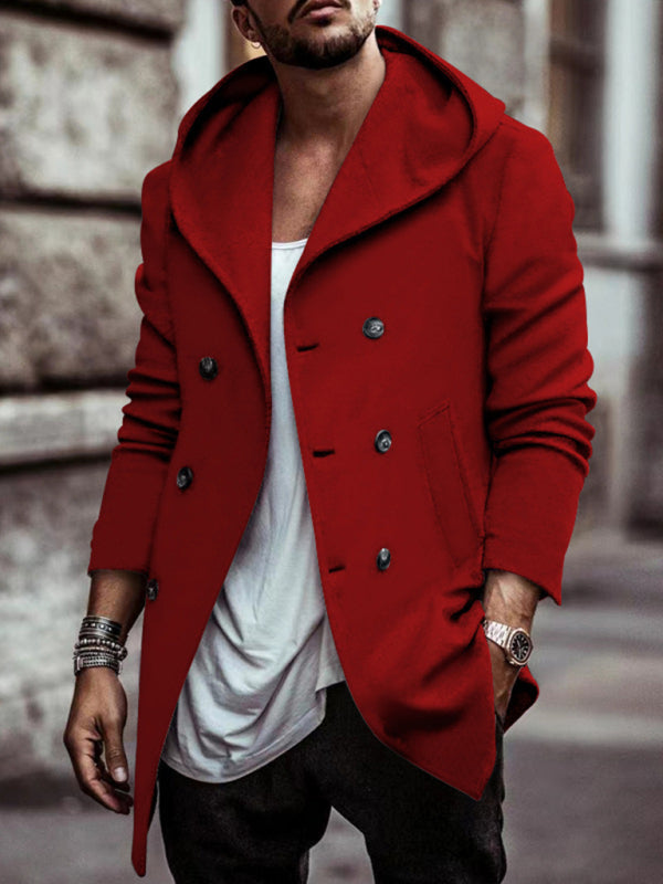 Men's  hooded double-breasted casual trench coat