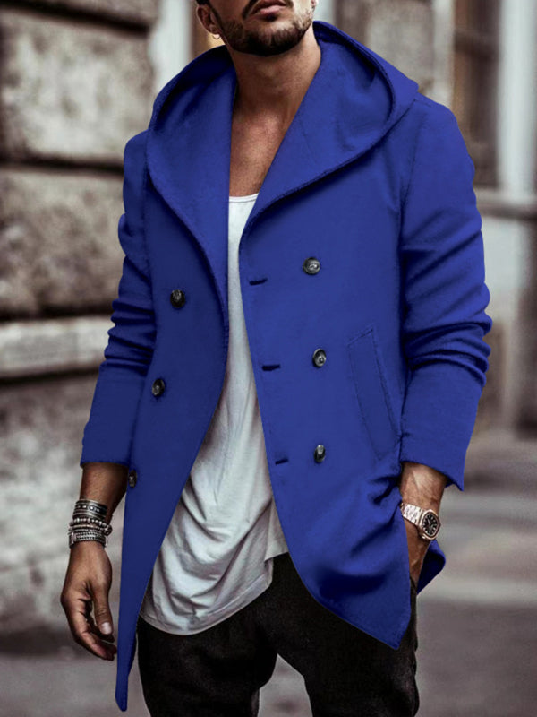 Men's  hooded double-breasted casual trench coat