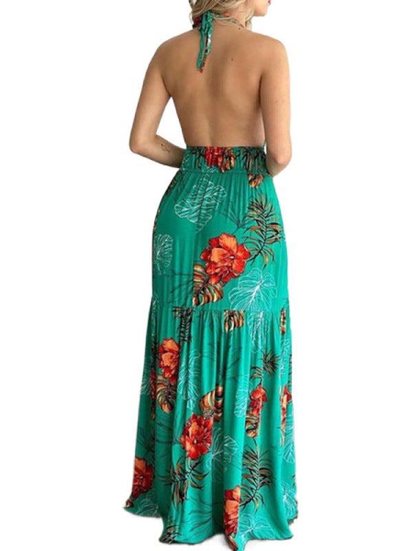 Halterneck Tie V-neck Floral Print Open-back Maxi Dress