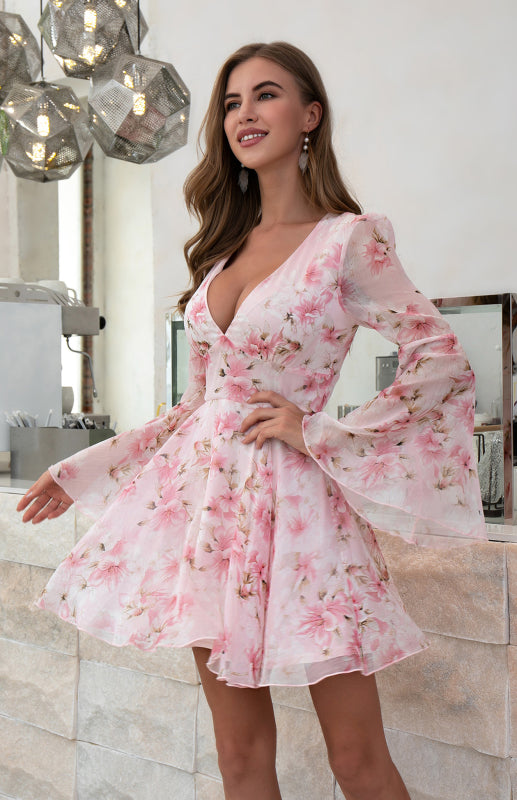Women's Sexy V-Neck Floral Print High Waist Flared Sleeve Dress