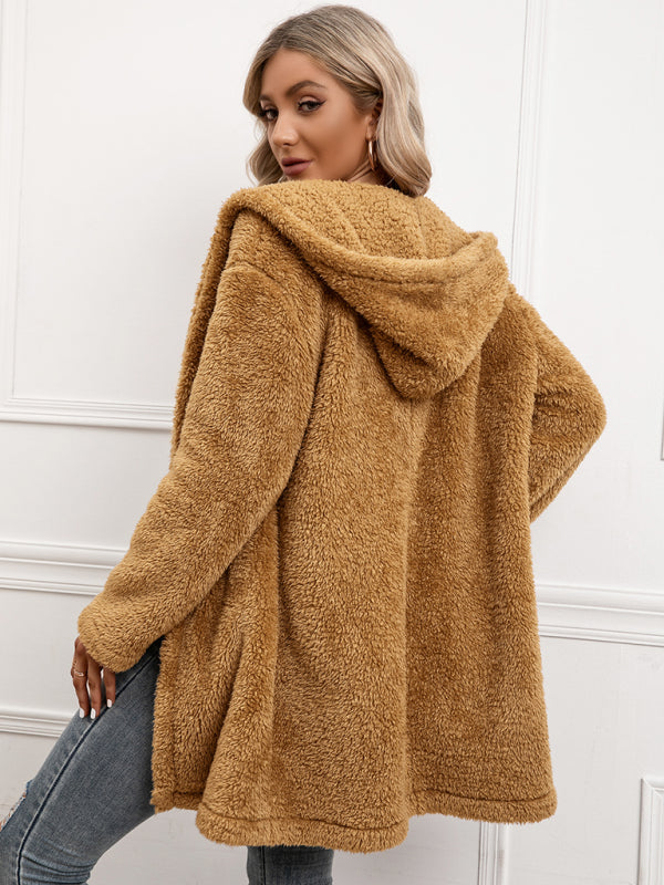 Women's Lamb Fleece Cardigan Hooded Trench Coat