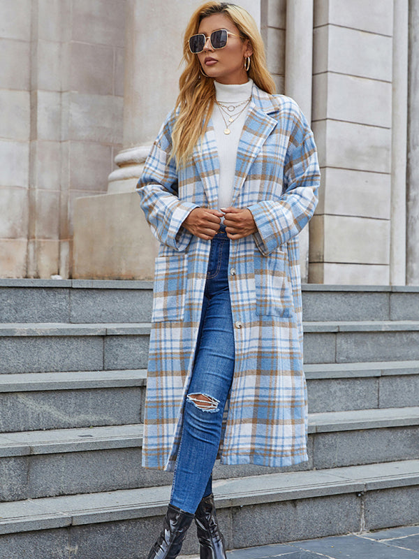 Women's New Blue And White Plaid Cardigan Trench Coat