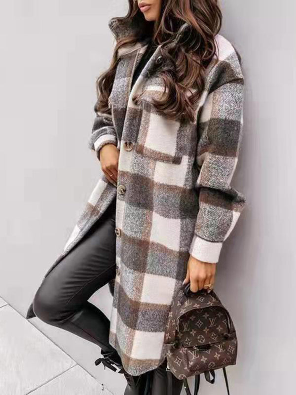 Women's plaid brushed mid-length woolen coat
